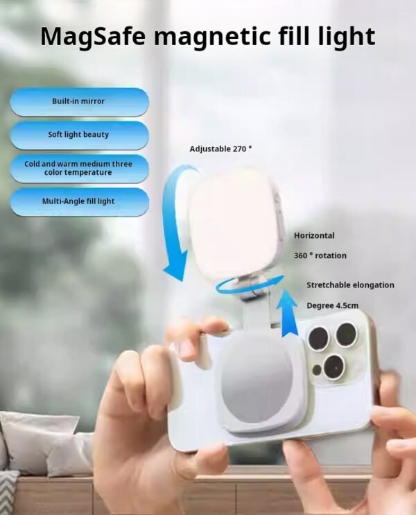 Magnetic Selfie Light for Mobile Phones, Influencer Live Streaming Photography Tool, Mini Portable Mirror, Foldable Pocket Light, MagSafe Selfie Makeup Mirror