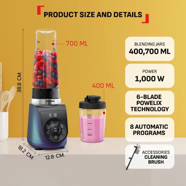 Tefal BlendUp Personal Blender BL19H4 – Removable blades, 2 dishwasher safe BPA-free Tritan jars, 1000W, 8 auto programs - Image 3