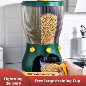 Insect-proof, moisture-proof, sealed, thickened rice container with rotating dividers for storing various grains and cereals at home.
