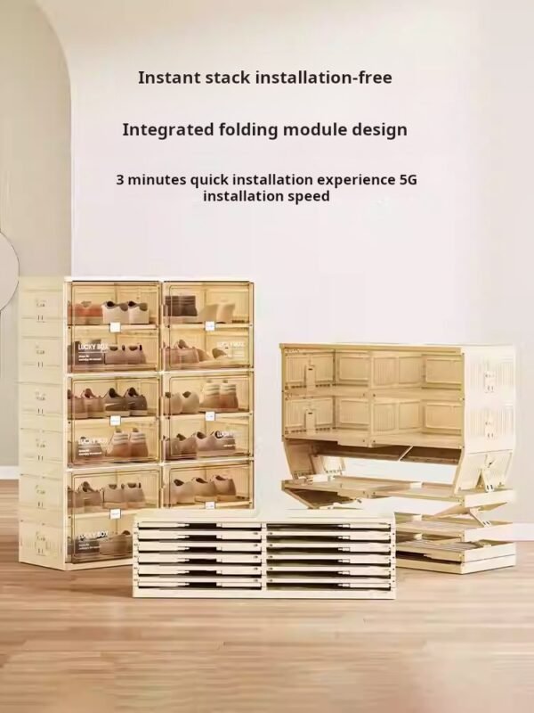 Storage Box Shoe Cabinet Shoe Rack Transparent Household Doorway Dustproof Plastic No Installation Required One-piece Simple Cream Style - Image 2