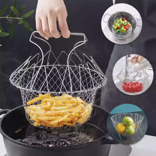 304 Stainless Steel Folding Deep-Fry Basket for French Fries and Snacks, Adjustable Oil-Draining Basket, Vegetable Washing and Draining Basket, Cooking Basket (Pack of 2) - Image 2