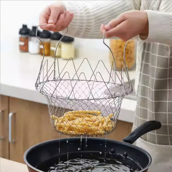 304 Stainless Steel Folding Deep-Fry Basket for French Fries and Snacks, Adjustable Oil-Draining Basket, Vegetable Washing and Draining Basket, Cooking Basket (Pack of 2) - Image 3